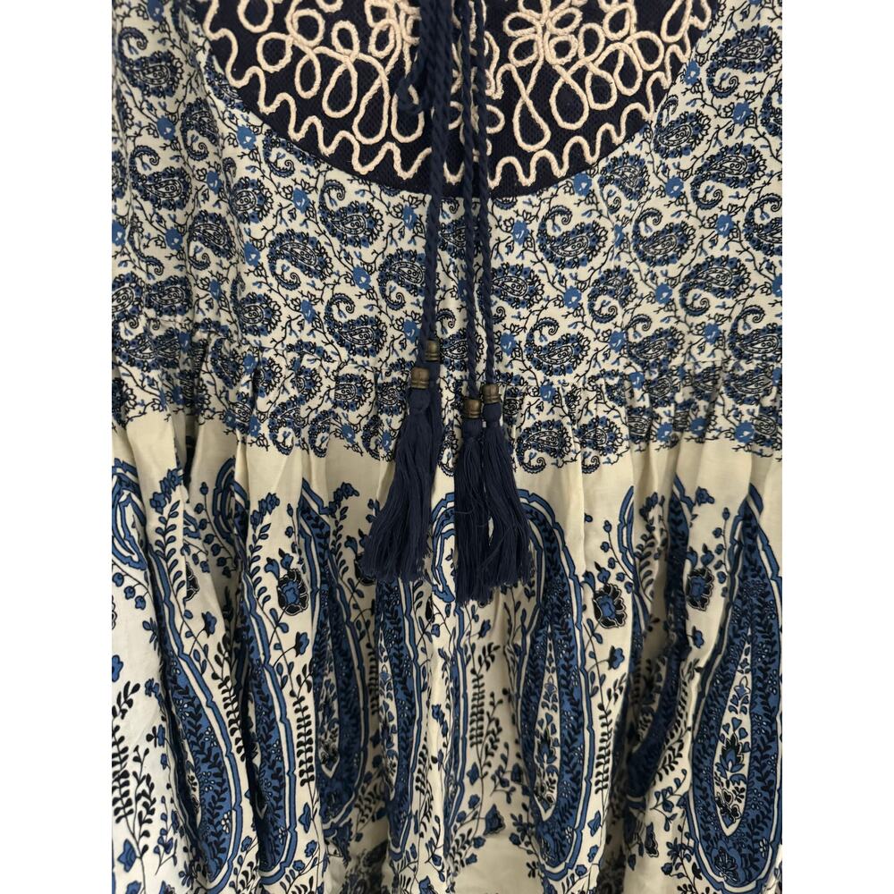 EN CREME Blue White Paisley Embroidered Boho Tunic Mini Dress Tassel Women's 1X - Picture 6 of 12